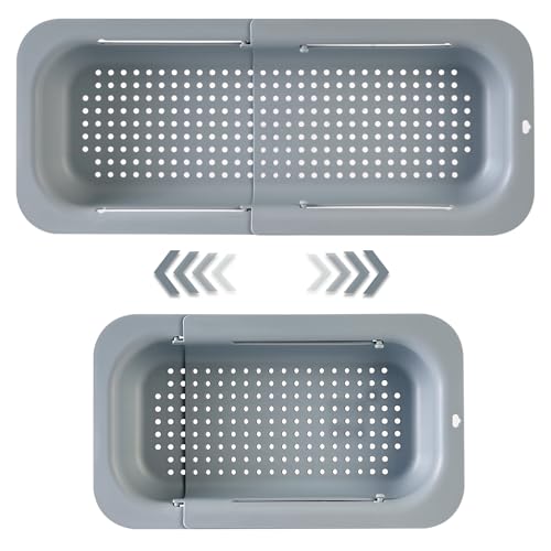 YUNKWONG Extendable Sink Colander Strainer Basket - Wash Vegetables and Fruits, Drain Cooked Pasta and Dry Dishes - Adjustable Over the Sink Colander Collapsible Drainer Basket -Gray by YUNKWONG - Used condition - US$12.35