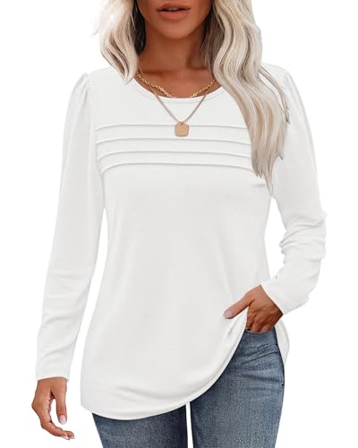 WNEEDU Damen Langarmshirt Rundhals Lässige Lose Pullover Damen Trendy Falten Sweatshirt Herbst Winter Puli Oberteile Bluse Tunika Tops Weiß L