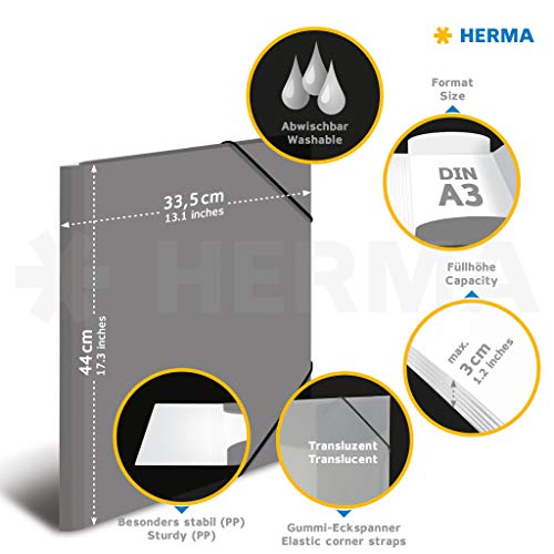 HERMA Chemises à élastique Translucide en Blanc, A3, plastique robuste, avec 3 rabats intérieurs, 1 porteé de chemise