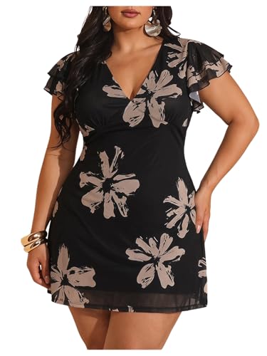 Image of BEAUDRM Women's Plus Size Cocktail Floral Short Dress Deep V Ruffle Short Sleeve Bodycon Mesh Wedding Guest Party Dresses
