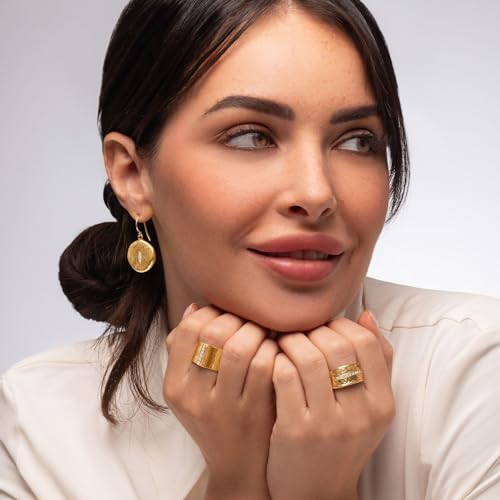 JEAN RACHEL JEWELRY 14K Gold Plated Sterling Silver Ring with 0.18 TCW Cubic Zirconia - Wide Band Hammered Vintage Design - Hypoallergenic, Lead & Nickel Free Jewelry Statement Rings for Women4