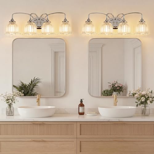 Image of Chrome 4-Light Bathroom Light Fixtures with Floral Glass Shade | Vintage Vanity Lights Wall Sconces Over Mirror for Bathroom Powder Room