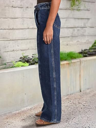 Flamingals Straight Leg High Rise Baggy Button Wash Seam Front Split Detail Denim Jeans with Pockets2