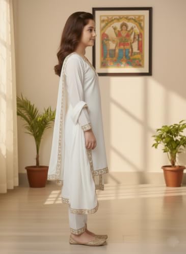 Image of Girls Stylish Rayon Lace Work Kurti with Dupatta and Pant