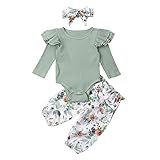 YEBIRAL Babykleidung Set Baby Mädchen Langarm Body Strampler + Blumen Hose + Stirnband Neugeborene Kleinkinder Warme Babyset Kleidung
