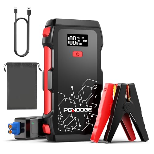 PGNOOGE 26800 mAh 6000A Arrancador de bateria para carro, de alta capacidade para todos os motores a gasolina e 10 l gasóleo, iniciador portátil de 12 V com lanterna, ecrã LED e carregamento rápido