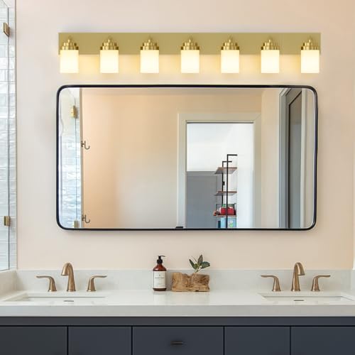 Image of IZORRO Bathroom Vanity Light Fixture, 7-Light 52 inch Gold Bathroom Light Fixtures Over Mirror, with White Glass Shade, Modern Farmhouse Vanity Lights, Rustic Restroom Lighting Fixtures