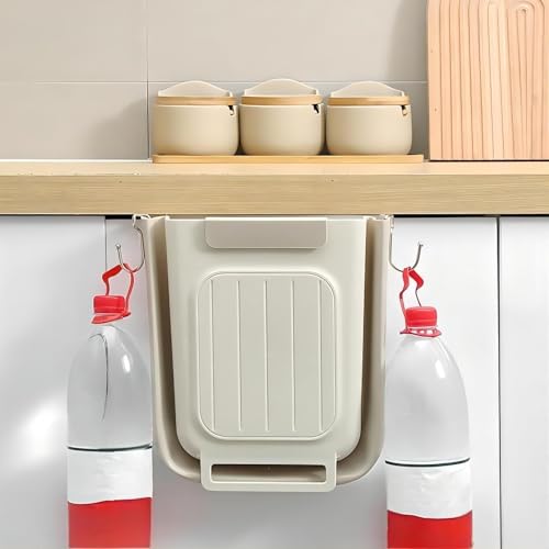 Image of Trash Can Two Piece Set, Folding Hanging Trash Can with Buckle, Multi Functional Kitchen Trash Can, Suitable for Countertop /Under Sink /Living Room /Kitchen /Bedroom /Bathroom (Milky White)