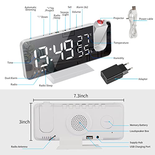 Exmate Reveil Projecteur,Radio Réveil avec Température,Humidité,Ecran