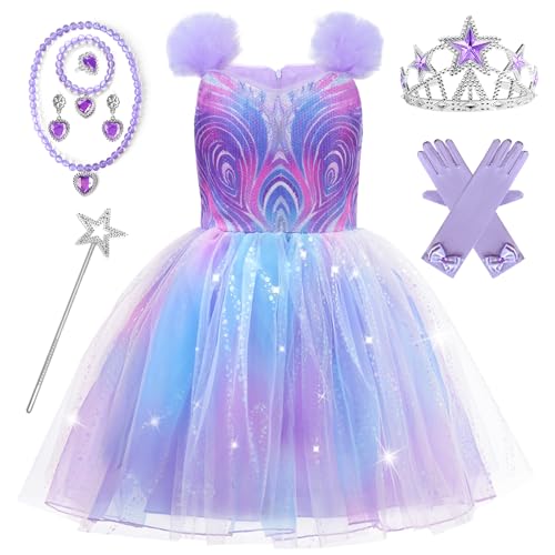 Esvaiy Wicked Glinda Costume Girls Purple Tulle Sequin Dress with Accessories Glinda Dress for Girls Halloween Christmas Cosplay (Purple 5-6 Years)