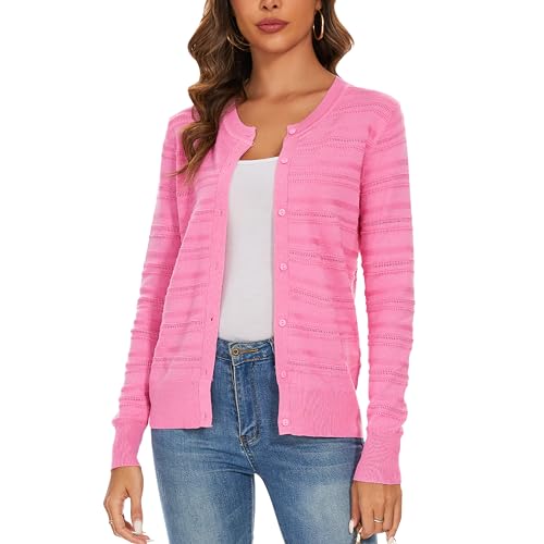 Women's Crew Neck Button Down Hollow Out Stripes Long Sleeve Cardigan Sweater