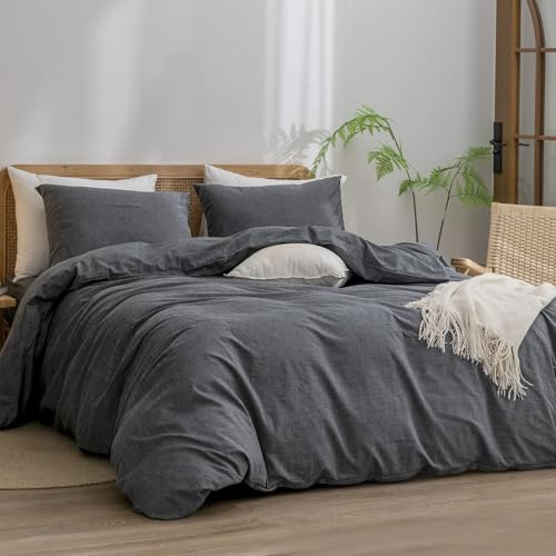 Image of BESTOUCH Cotton Solid Duvet Cover Set Linen Feel Dark Black Alaska King | 100% Washed Cotton, Soft Wrinkle Texture, Hidden Zipper, 8 Ties, Breathable Lightweight Durable Comfy, 3 Pcs No Insert