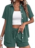 Rapbin Women 2 Piece Workout Linen Sets Two Piece Business Button Down Short Sleeve Shirts Sets Fashion Going Out Outfits Dark green L