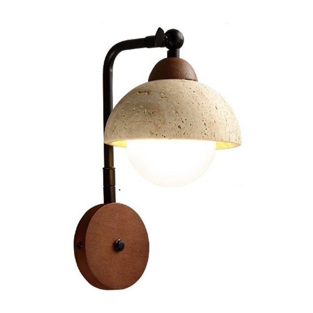 LUOYAOB Travertine Wall Sconce Adjustable Modern Wall Lamp Nordic Half Dome Wall Light Wood Base Hardwired Bedside Reading Lamp for Bedroom Living Room Study Hallway Decor