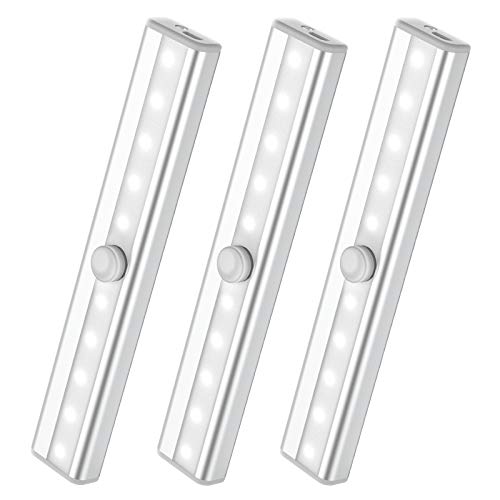 Aircover Under Cabinet Lighting, Wireless Under Cabinet Lighting, LED Motion Sensor Rechargeable Indoor Lights, Stick-on Anywhere 10 LED Night Light Bar, for Closet Cabinet Wardrobe Stairs (3 Pack)