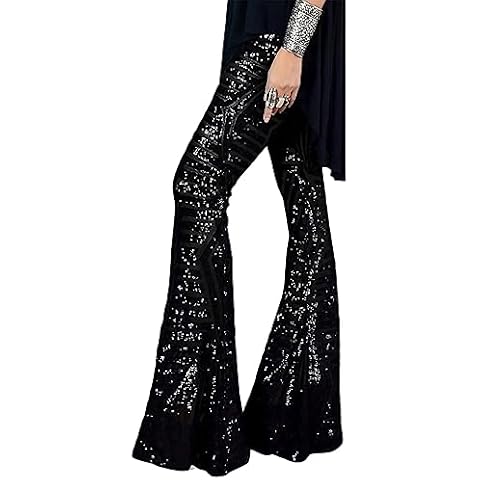 BLENCOT Women's Sequin Palazzo Pants Glitter Wide Leg High Waist Bell Bottoms Night Club Flared Trousers Black M Cover
