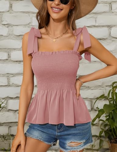 Micoson Ruffle Tank Tops for Women Summer Square Neck Sleeveless Tops Tie Shoulder Chiffon Blouse Babydoll Shirts