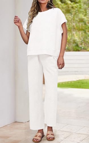 Image of PRETTYGARDEN 2 Piece Outfits For Women Casual Tracksuit Short Sleeve Tops And Wide Leg Long Pants Matching Lounge Sets