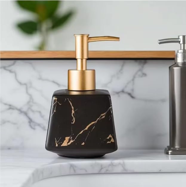 Image of Luxury Ceramic Soap Dispenser (Luxe Black) - 300 ml Matte Glazed with Gold Marbling Triangular Refillable Lotion & Handwash Pump Bottle for Bathroom, Kitchen Sink & Wash Basin Decor