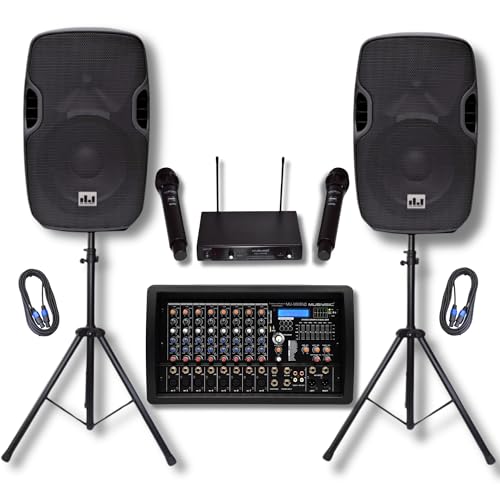 MUSYSIC 4500W PA System Package, 15' DJ Speakers, amp, Bluetooth Mic Mixer