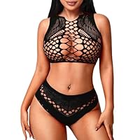 Telooco Netz Desouses für Frauen Sexy Schwarz Unterwäsche Set Netzoberteil Shorts Kleidung Gothic Karneval Festival Outfit Dessous-Sets Bauchfreies Top Netz Sexy Unterwäsche für Frau Damen