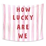 Exqcom How Lucky Are We Pink Tapestry, Positive Affirmations Wall Decor, Girly Aesthetic Pink and White Striped Tapestries Wall Blanket for Girls Bedroom Dorm Apartment Decor, 50x60 Inch