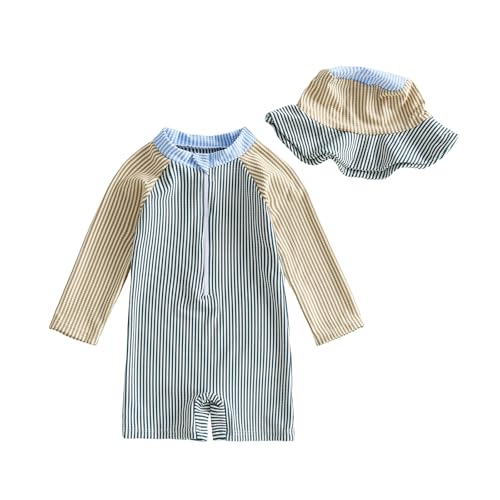 Nibbcoa Toddler Baby Boys Seersucker Long Sleeve One Piece Rash Guard Swimsuit Zipper Bathing Suit Swimwear with Hat (Khaki Blue 0-3 Months)