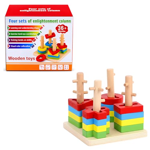 Image of Crackles Wooden Geometric Shape Sorter Stacking Toy for Kids | Montessori Educational Learning Toy with 16 Pieces | Color & Shape Recognition Puzzle | Twisting Learning Blocks Wooden Toy for Toddlers