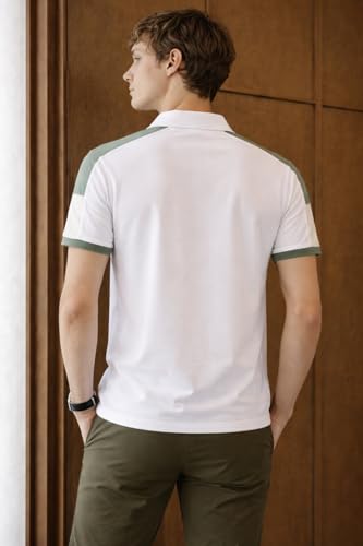 Image of Louis Philippe Men's Slim Fit Premium High-End Pique in Superior Cotton Cut & Sew Design Color Block Shoulder Half Sleeve Polo Tshirt