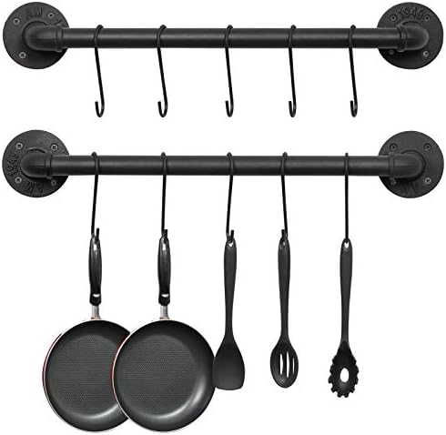OROPY Wall Mounted Pot Pan Rack 21'' Set of 2, Industrial Utensils Wall Hanger Iron Pipe Kitchen Hanging Rail with 10 S Hooks
