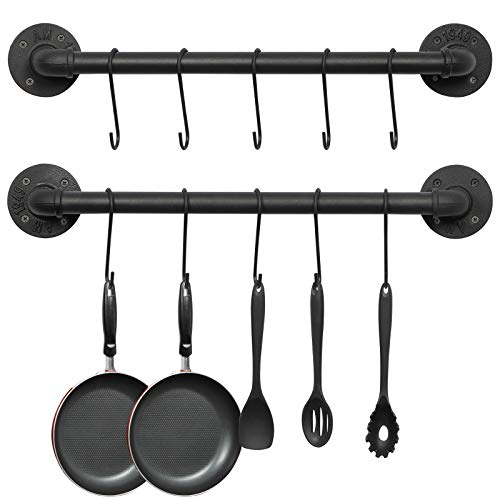 OROPY Wall Mounted Pot Pan Rack 21'' Set of 2, Industrial Utensils Wall Hanger Iron Pipe Kitchen Hanging Rail with 10 S Hooks by OROPY - Used condition - US$17.26