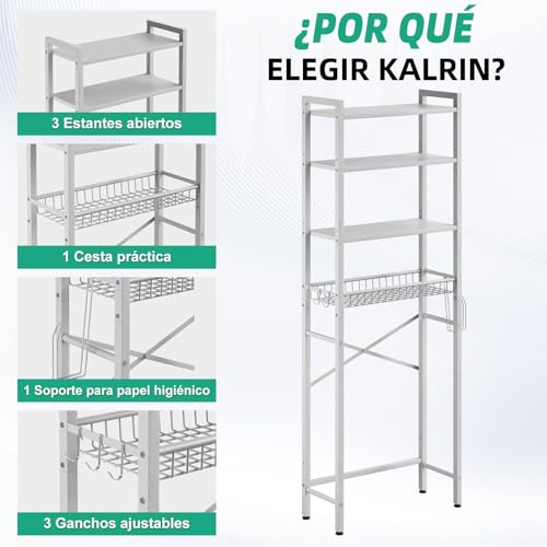 Kalrin Estante de Baño Multifuncional Ajustable de 4 Niveles, Estante sobre el Inodoro con Cestas, Ahorra Espacio y Fácil de Montar - Blanco - imagen 8