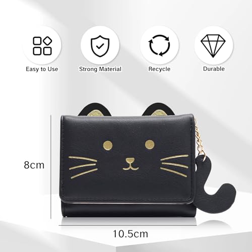 Cat Wallet for Women Cute Black Small 3D Animal Wallet with Glitter Ears Tail Tri-Fold ID Card Case with Zipper Pocket Adorable Wallets for Animal Lover2