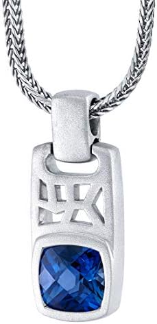 Peora Created Blue Sapphire Tag Pendant Necklace for Men Sterling Silver, 4.50 Carats Cushion Cut, Brushed Finished, with 22-Inch Italian Chain