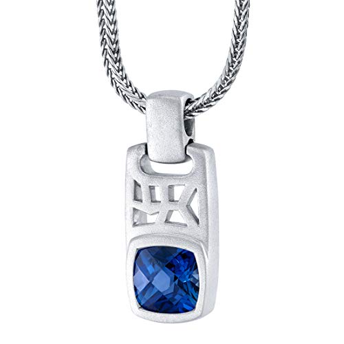 Peora Created Blue Sapphire Tag Pendant Necklace For Men Sterling Silver, 4.50 Carats Cushion Cut, Brushed Finished, With 22-Inch Italian Chain #TOP4