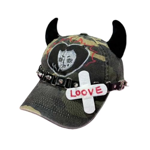 Denim Hat with Devil Horns, Camouflage Punk Fashion Cap (Green)