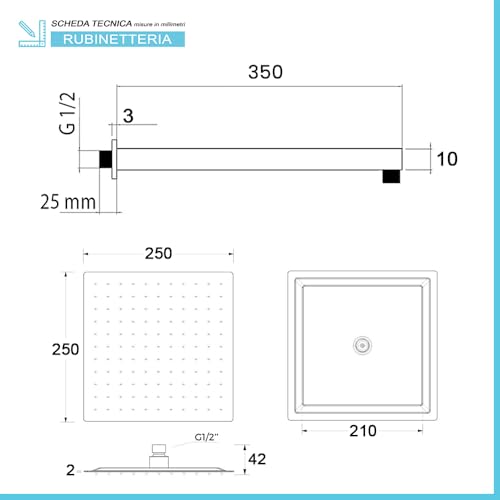 Kit Doccia Nero Opaco Con Braccio 35 Cm E Soffione 25X25 Cm, In Acciaio Inox Con Snodo Orientabile E Ugelli Anticalcare - 2
