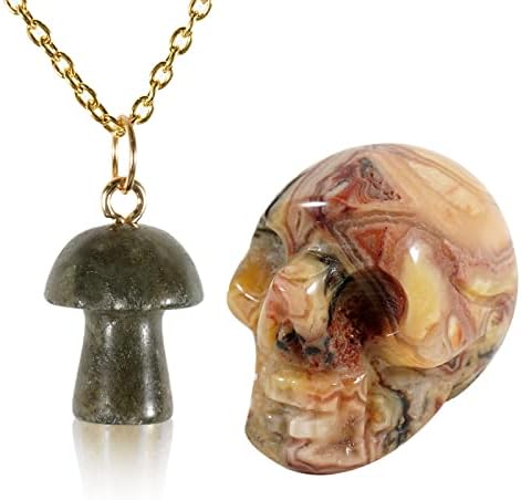 Soulnioi Natural Crystal Mini Mushroom Necklace Pendant Charm with Chain and Skull Ornament Healing Gemstone Carved Statue Reiki Figurine Decoration (Rose Quartz)