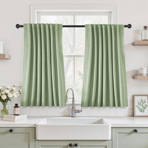 UHITECH Short Linen Blackout Curtains 40 Inch Long 2 Panels, Sage Green
