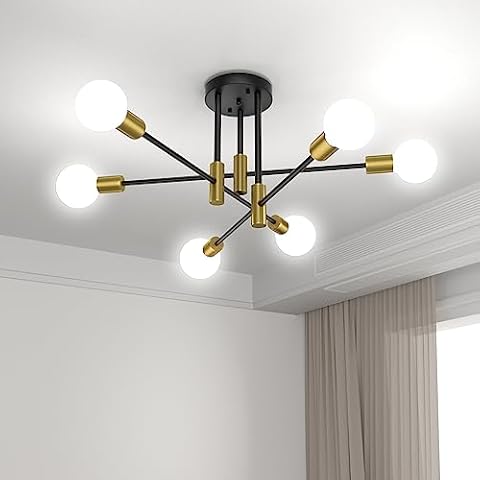 Baocuz 6-Lights Black Gold Semi Flush Mount Ceiling Light Fixture, Modern Mid Century Sputnik Chandelier, Farmhouse Ceiling Mount Lighting Fixtures for Living Room Dining Room Kitchen Chandelier Cover