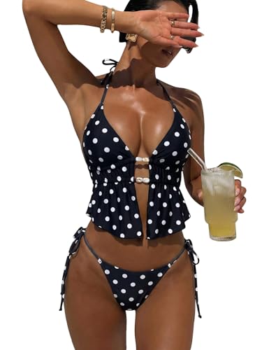 Image of Women's 2 Piece Boho Polka Dots Beaded Bikini Sets Sexy Swimsuits | Halter Swimsuits, Backless, Textured, Tie Side, Tankini Set, Bathing Suits, Summer, Vacation