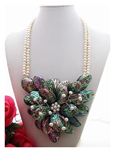 Dukul 2 Strands Freshwater White Pearl Abalone Shell Flower Statement Necklace #TOP3
