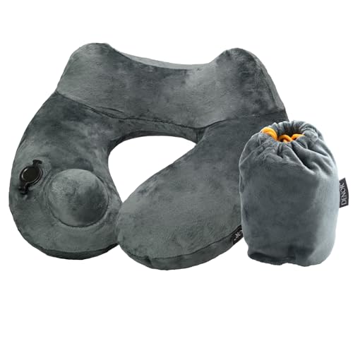 ネックピロー U型 首枕 ポンプ内蔵 プレス式膨らむ トラベル枕 エアークッション 機内・車内 快眠 出張・旅行やドライブなどの長距離移動、お昼寝などをサポート 空気まくら 収納ポーチ付 (ダークグレー)