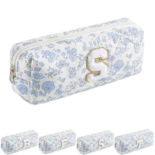 JOVAKIT Small Alphabet Makeup Bag, Cosmetic Bag for Women, Floral Flowers Coquette Travel Toiletry Bag, Zipper Make Up Pouch Organizer Bag, Trendy Stuff (Blue Floral S)