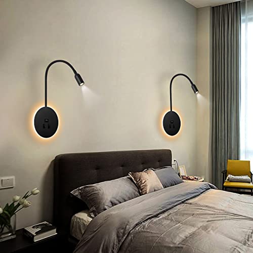 Awekliy 3W+8W LED Schwanenhals leselampe wandlampe USB-Aufladung mit schalter wandleselampe Bettlampe Nachtlicht innen Leselicht Schwenkbar Wandbeleuchtung Schlafzimmer Nachttischlampe 3000K (Schwarz)