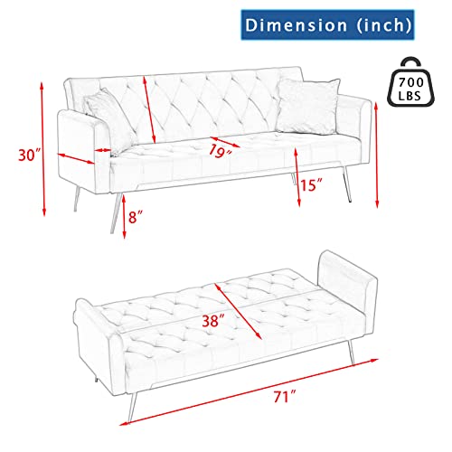 Kinffict Velvet Futon Sofa Bed With 2 Pillows, Convertible Sleeper Sofa Couch With 3 Angle Adjustable Backrest, Modern Loveseat With 4 Golden Metal Legs For Living Room And Bedroom (Blue) #TOP6