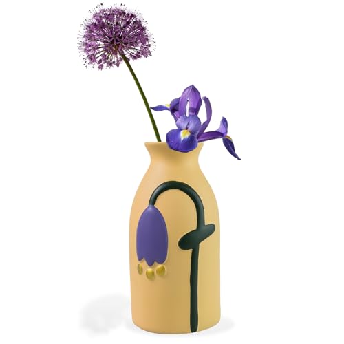 otuiaim Small Ceramic Vase with Colorful Clashes, 3D Painted Embossments & Matte Finish, Fresh Dried Flower Vase, Decorative Aesthetic Room Funky Decor Ornaments, Yellow
