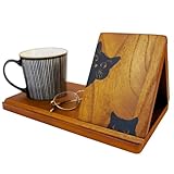 Adeerus Wooden Book Stand, Triangle Book Holder, Small Bookshelf, Black Cat Book Rest with Cup Holder, for Reading or Desktop Decoration, Coffee and Book Lovers Father's Day Gifts for Dad & Husband