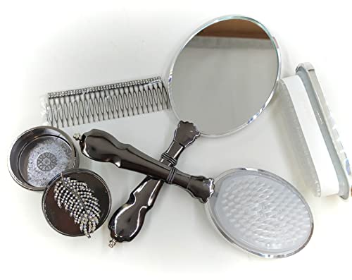 Handheld Makeup Vanity Mirror Comb Hair Brush Set | Hand Face Beauty Mirror (Silver) #TOP1