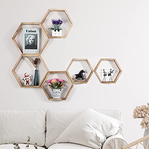 Sehertiwy Hexagonal Floating Shelves Wall Mounted Set Of 6 Wood Farmhouse Storage Honeycomb Wall Shelf For Bathroom, Kitchen, Bedroom, Living Room, Office,Driftwood Finish (Fire Roast) #TOP5